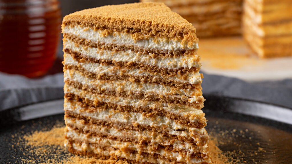 Slice of medovik, the Russian honey cake, at O Medovik in Ipanema