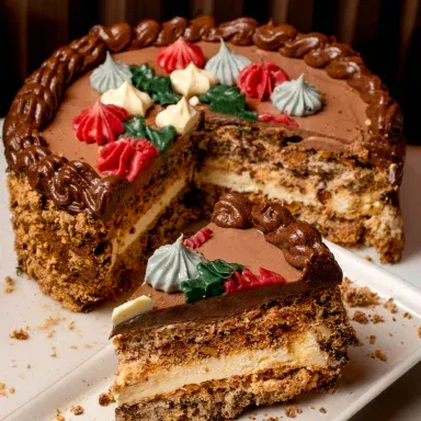 Bolo Kiev cortado, com creme aveludado e decoração colorida